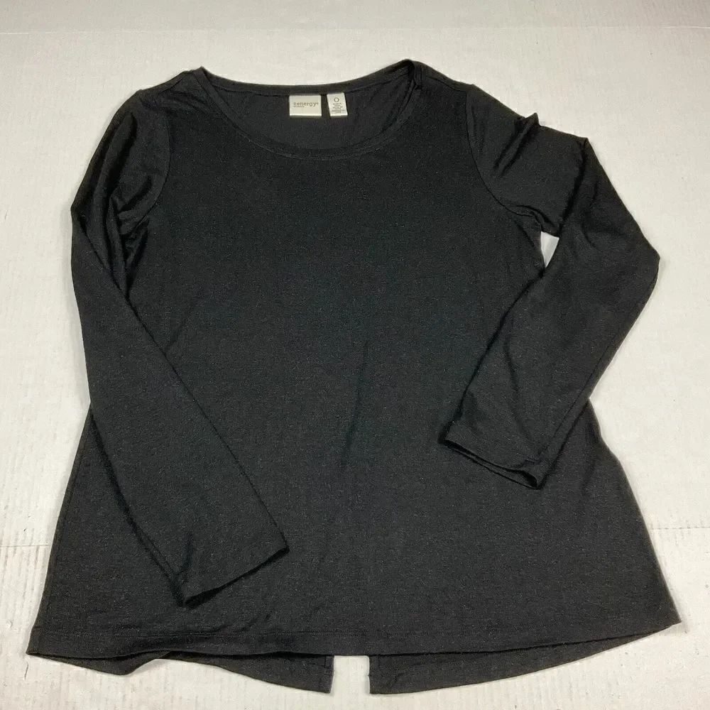 Chicos Zenergy Split Back Shirt Black Shimmer Stretch Long Sleeve Top 0 Small